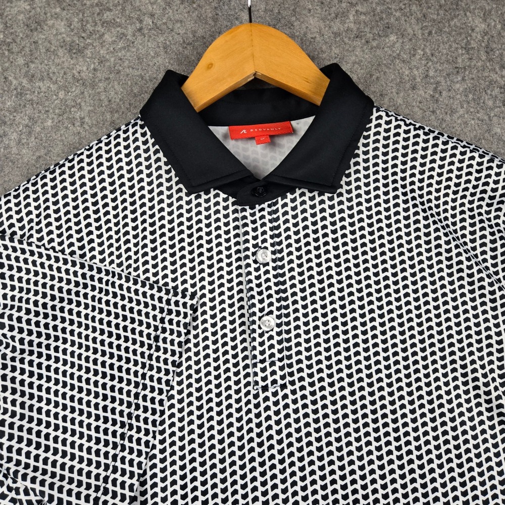 REDVANLY Polo Shirt Mens Medium Black White Geometric Print Golf Performance Top